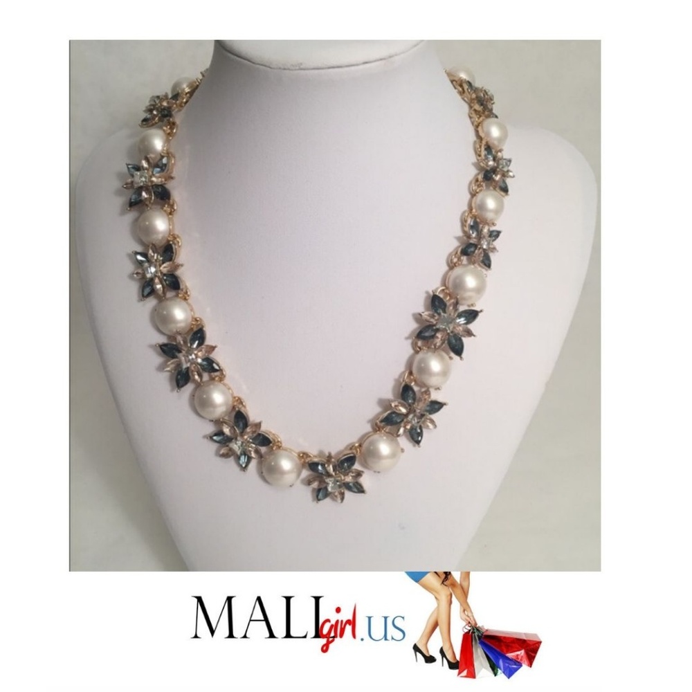 Faceted Blue Crystal and Pearl Statement Necklace